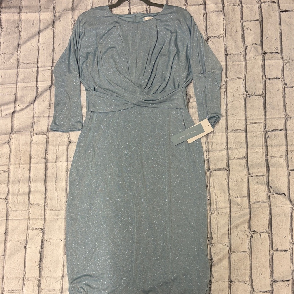 London Times Shimmering Blue Long Sleeve Dress